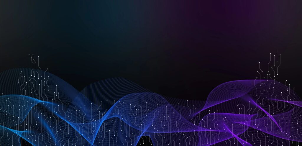 Abstract digital wave with glowing blue and purple lines, futuristic circuit connections on dark background, ideal for technology, AI, data science, and innovation concepts.
